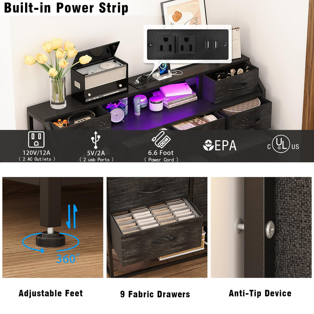 Welfuturer Dresser for Bedroom with 12 Drawers Black Dressers with Charging Station and LED Light 50 inch TV Stand Chest of Drawers with Shoe Rack and Open Shelf for Living Room Entryway Halfway Welfuturer