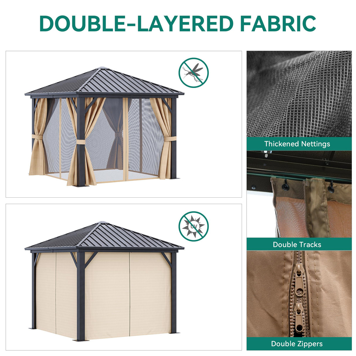 YITAHOME 10x10ft Hardtop Gazebo with Nettings and Curtains, Heavy Duty Galvanized Steel Outdoor Vertical Stripes Roof for Patio, Backyard, Deck, Lawns, Brown YITAHOME