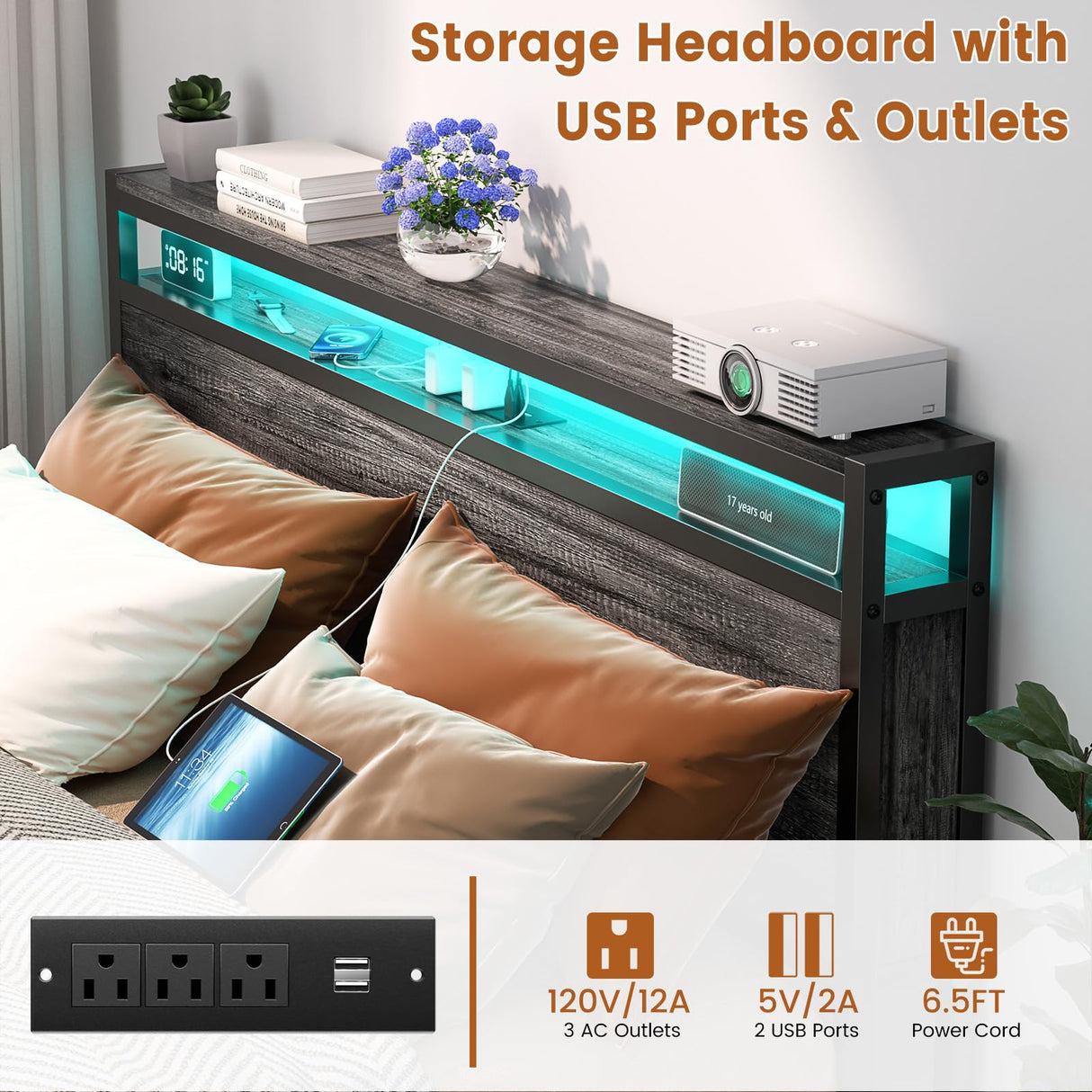 Homieasy Full Size Bed Frame with Headboard, Metal Full Bed Frames with Charging Station and Led Lights, Industrial Platform Bed Frame, No Box Spring Needed, Noise-Free, Black Oak Homieasy