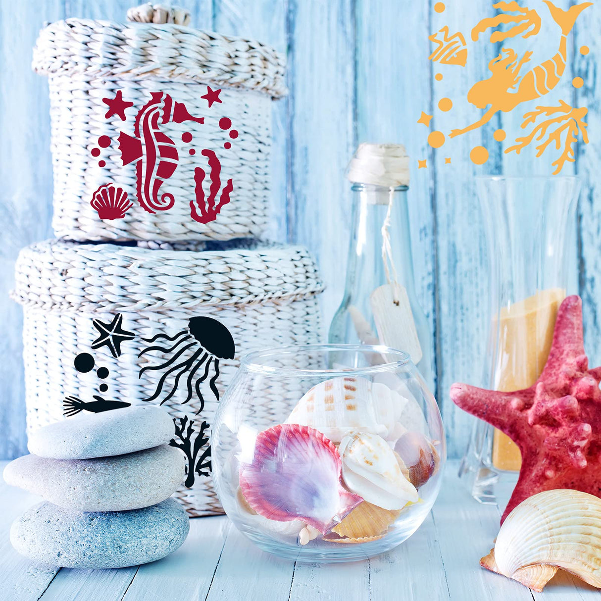 30 Pieces Sea Ocean Creatures Stencils 5 x 5 Inch Ocean Templates for Painting Sea Animal DIY Pattern Templates Mermaid Stencils on Wood for Scrapbooking Drawing Tracing Furniture Wall Crafts Tenare