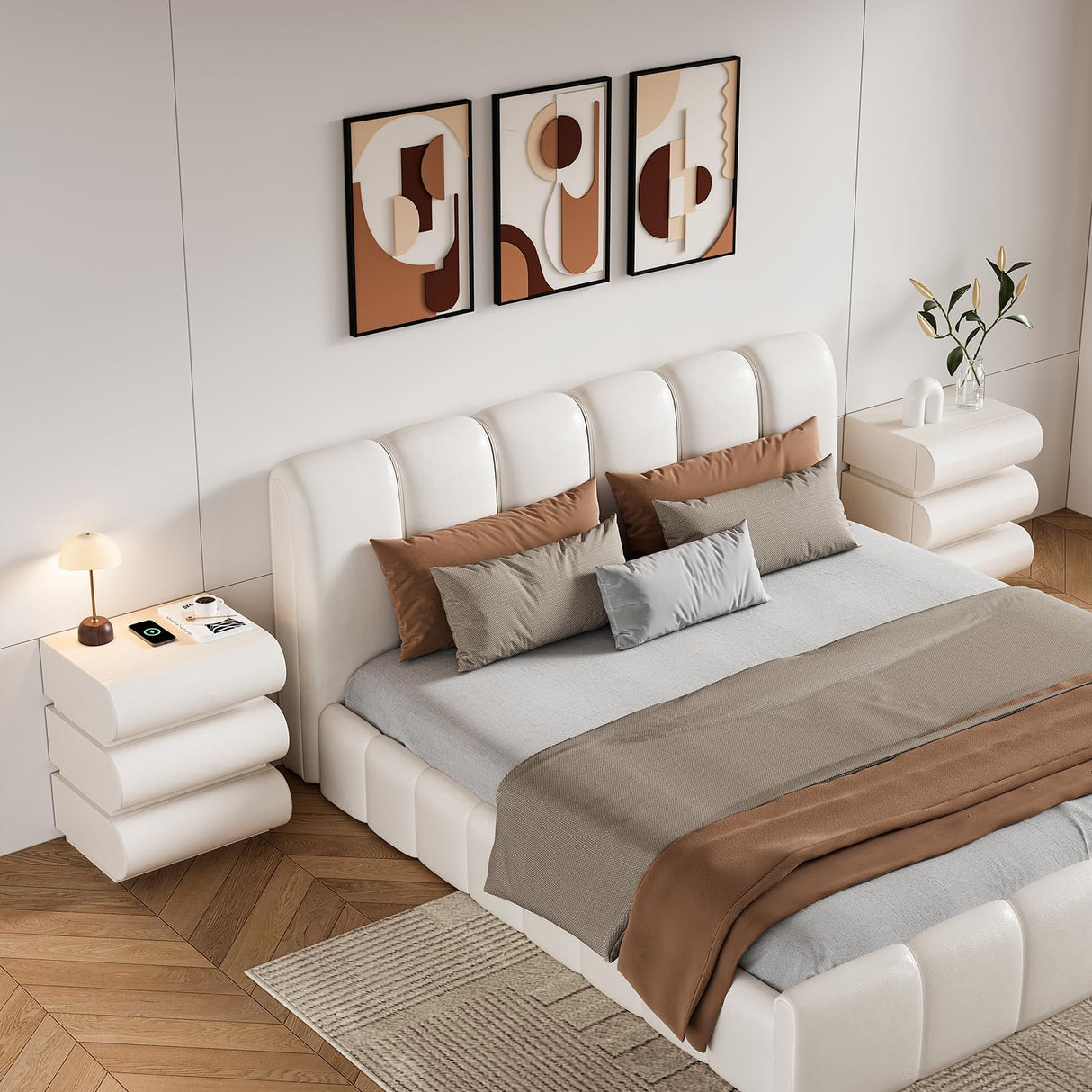 homary Smart Nightstand with Wireless Charging, USB & Type-C Ports – Modern White Leather Night Stand with 3 Drawers, Bedside Table for Bedroom homary