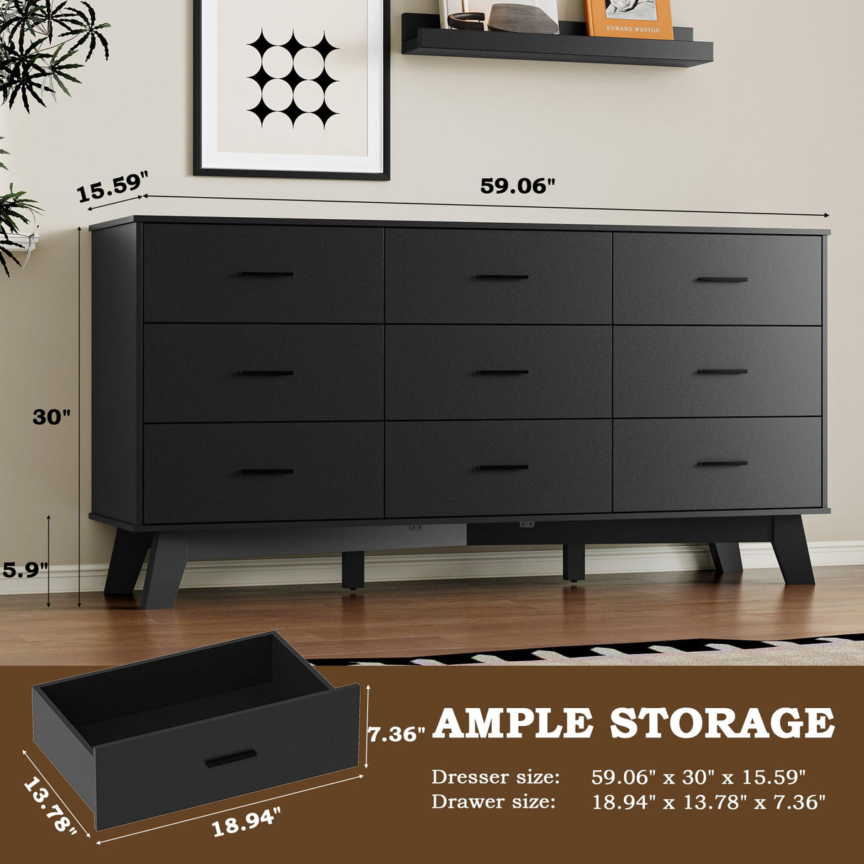 BORNOON Dresser for Bedroom with 9-Drawer, 59" Wide Modern Chest of Drawers with Metal Handles, X-Shape Base & Adjustable Center Leg, Anti-Tip Closet Organizers and Storage BORNOON