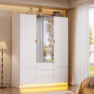 PAKASEPT 4 Doors Armoire Wardrobe Closet with Led Light & Mirror, Bedroom Large Capacity Freestanding Armoire Wardrobe with Drawers, Storage Cabinet with Hanging Rod Storage Closet for Bedroom
