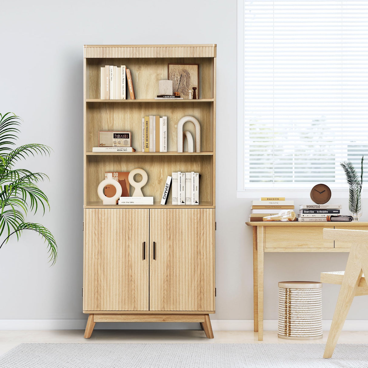 68" Fluted Tall Bookcase with Storage Cabinet,Mid-Century Modern 5-Tiers Arched Bookshelf Cabinet with Doors,Arched Bookcase with Open Display Storage Shelf for Home Office Bedroom Living Room,Natural XUZENEST