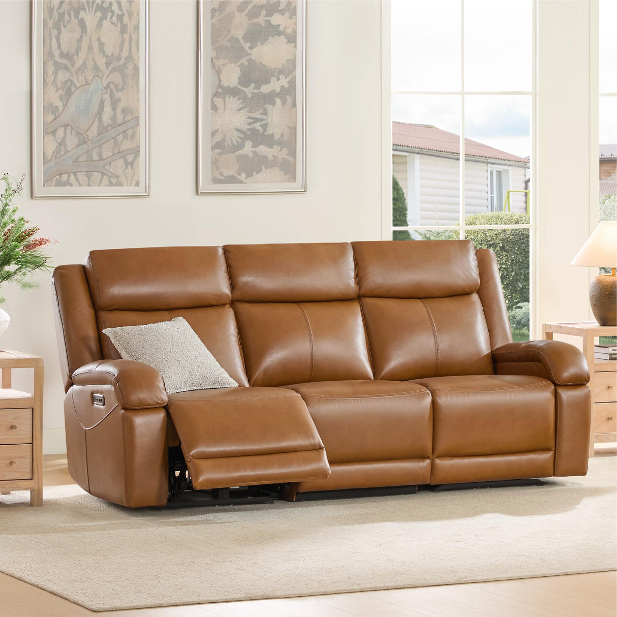 Watson & Whitely Genuine Leather Power Recliner Sofa, 3 Seater Wall Hugger Reclining Sofas with Power Headrest, USB & TypeC Ports, Electric Recliner Couch Set for Living Room, Saddle Brown Watson & Whitely