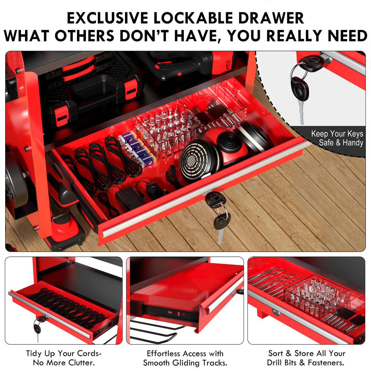 KSVO Power Tool Organizer Wall Mount with Drill Rack & Locking Drawers - Heavy Duty Metal Tool Shelf for Garage, Workshop, Shed, Basement Tool Organization - Gift for Men/Father (Red) KSVO