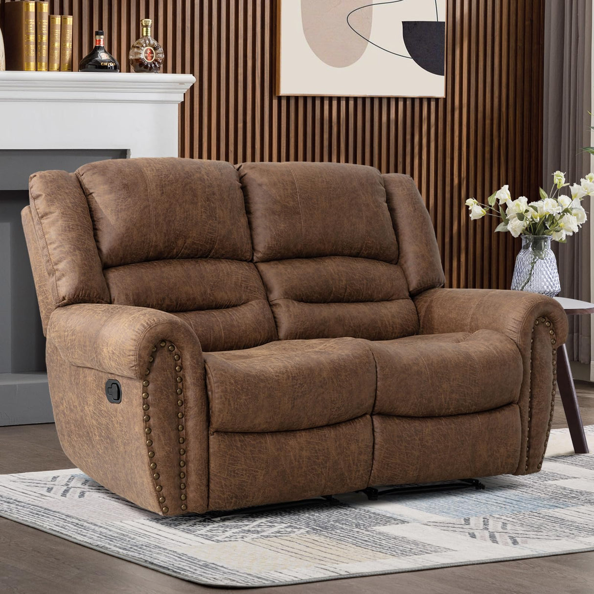 CANMOV Faux Leather Manual Loveseat Recliner, 2 Seat Reclining Chair, Overstuffed Comfortable Arms and Back Recliner Chair, Couch Set for Living Room, Bedroom Furniture, Office,Nut Brown CANMOV