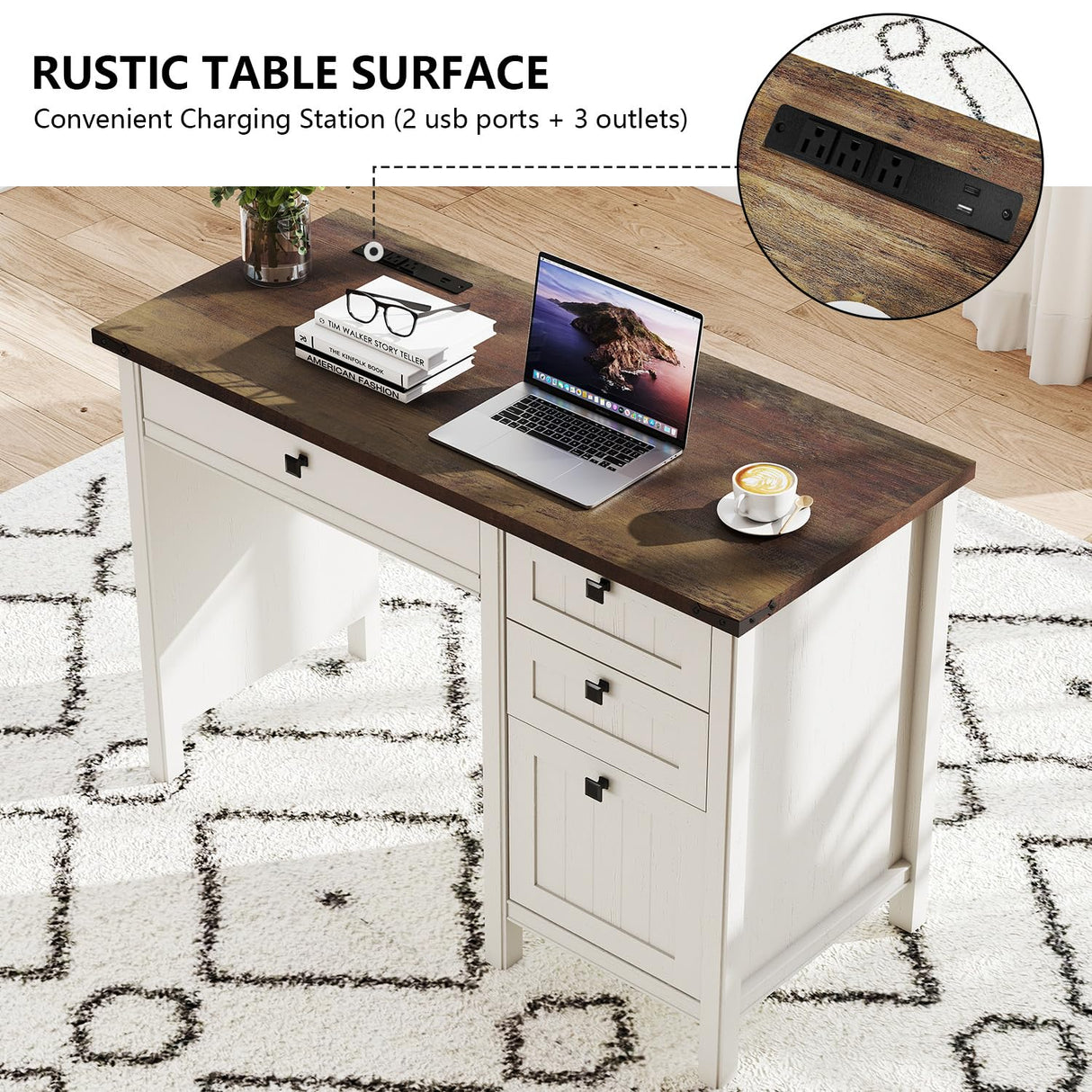 GlowVitaHome Farmhouse Executive Desk 45 inch Wood Computer Desk with 4 Drawers, Smart Charging Station, Home Office & Study Room Essential for Remote Workers, Professionals & Students.Antique White GlowVitaHome