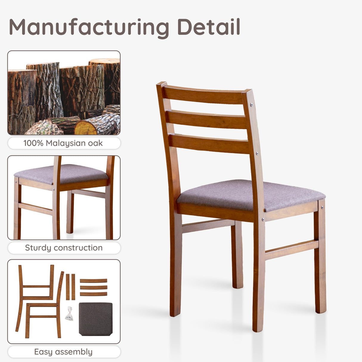 Livinia Seattle Modern Farmhouse Kitchen Dining Room Chair Set of 2, Solid Wood Fabric Upholstered Cushion Seat Wood Ladder Back Chairs (Antique) Livinia