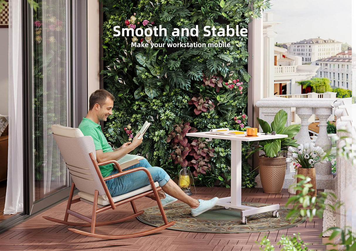 Claiks Mobile Standing Desk, Small Rolling Standing Desk, Mobile Desk Workstation with Wheels, Pneumatic Mobile Laptop Desk for Home Office with Hook, White Claiks