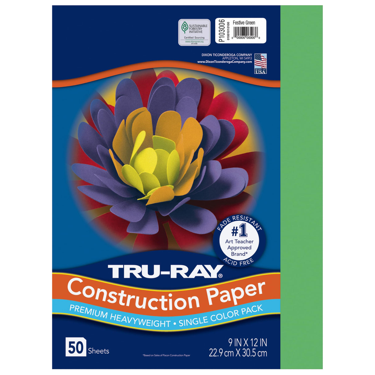 Tru-Ray® Construction Paper, 50% Recycled, 9" x 12", Festive Green, Pack Of 50 Tru-Ray