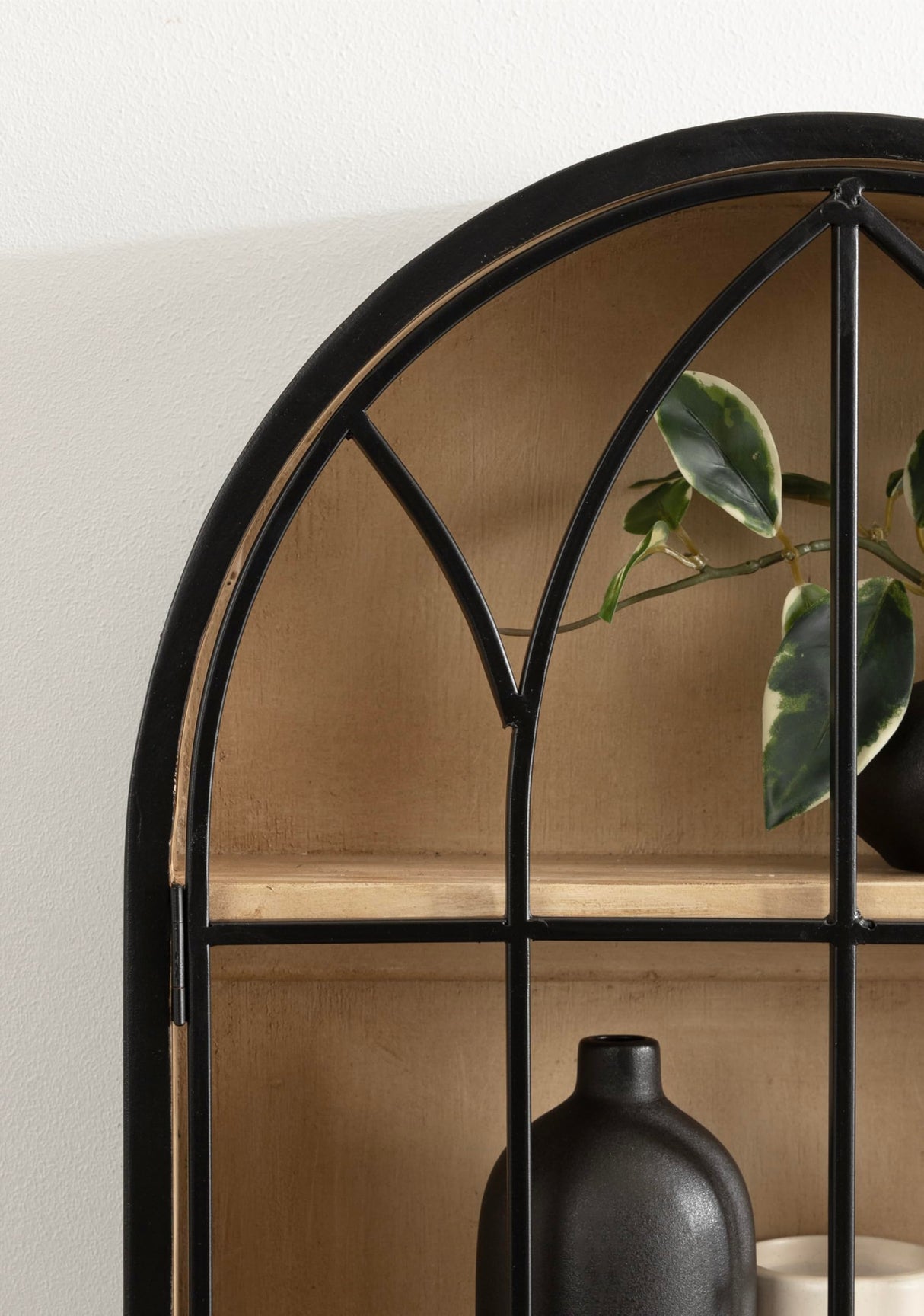 Kate and Laurel Megara Decorative Wooden Hanging Arched Wall Cabinet with Door for Open Storage; 16 x 6 x 24; Black and Natural Wood; Wooden Floating Wall Bathroom Cabinet for Above Toilet Storage Kate and Laurel