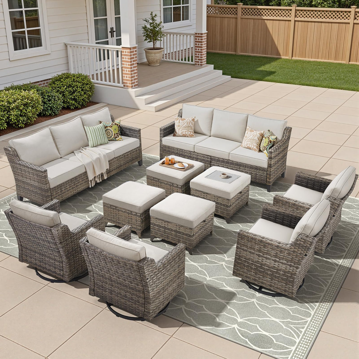 AMCLOBA 10 Piece Patio Furniture Set-High Back Outdoor Furniture Set Sectional Sofa with Wicker Swivel Patio Chairs,Comfy Cushions Ottomans for Porch Balcony Patio Deck Grey/Beige AMCLOBA