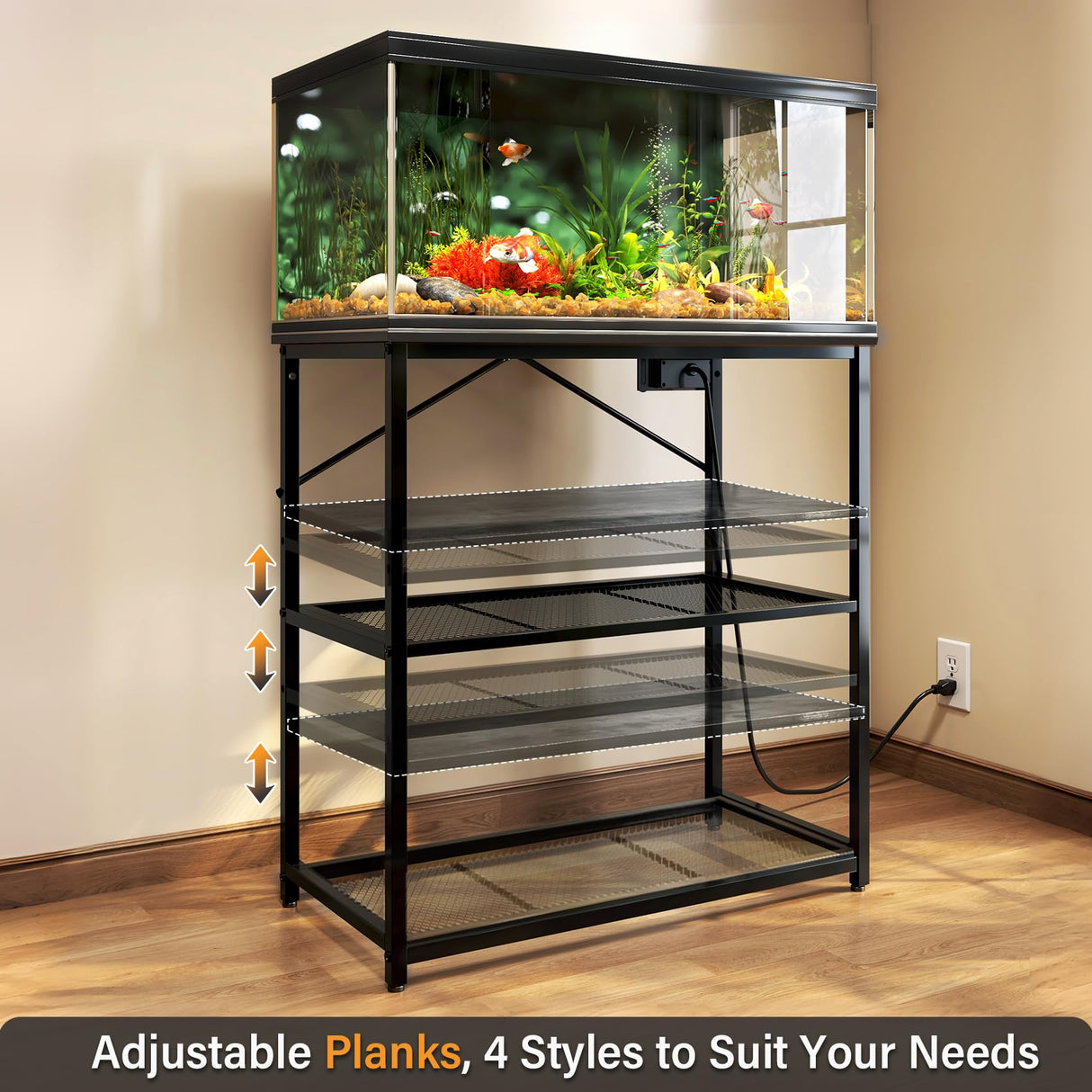 TC-HOMENY Fish Tank Stand 10-30 Gallon, 1000LB Capacity Aquarium Stand with Charging Station,31" L x 16" W Metal Reptile Tank Stand, Double Storage Design Adjustable Boards, Black (Tank not Included) TC-HOMENY