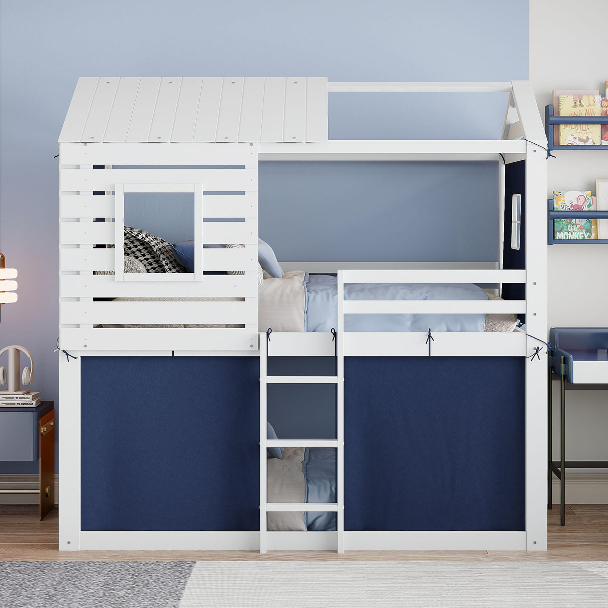 Harper & Bright Designs Twin Over Twin Bunk Bed, Wood Twin Size Bunk House Bed with Tent and Windows, Blue+White Harper & Bright Designs