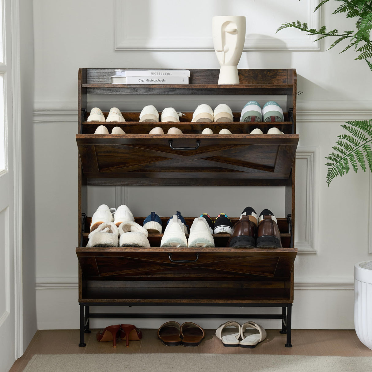 Chilihom Narrow Shoe Cabinet Storage for Entryway, Shoe Organizer with 2 Flip Drawers, Hidden Shoe Storage Slim Storage Cabinet with Metal Legs, Farmhouse Free Standing Shoe Rack Cabinet, Rustic Brown Chilihom