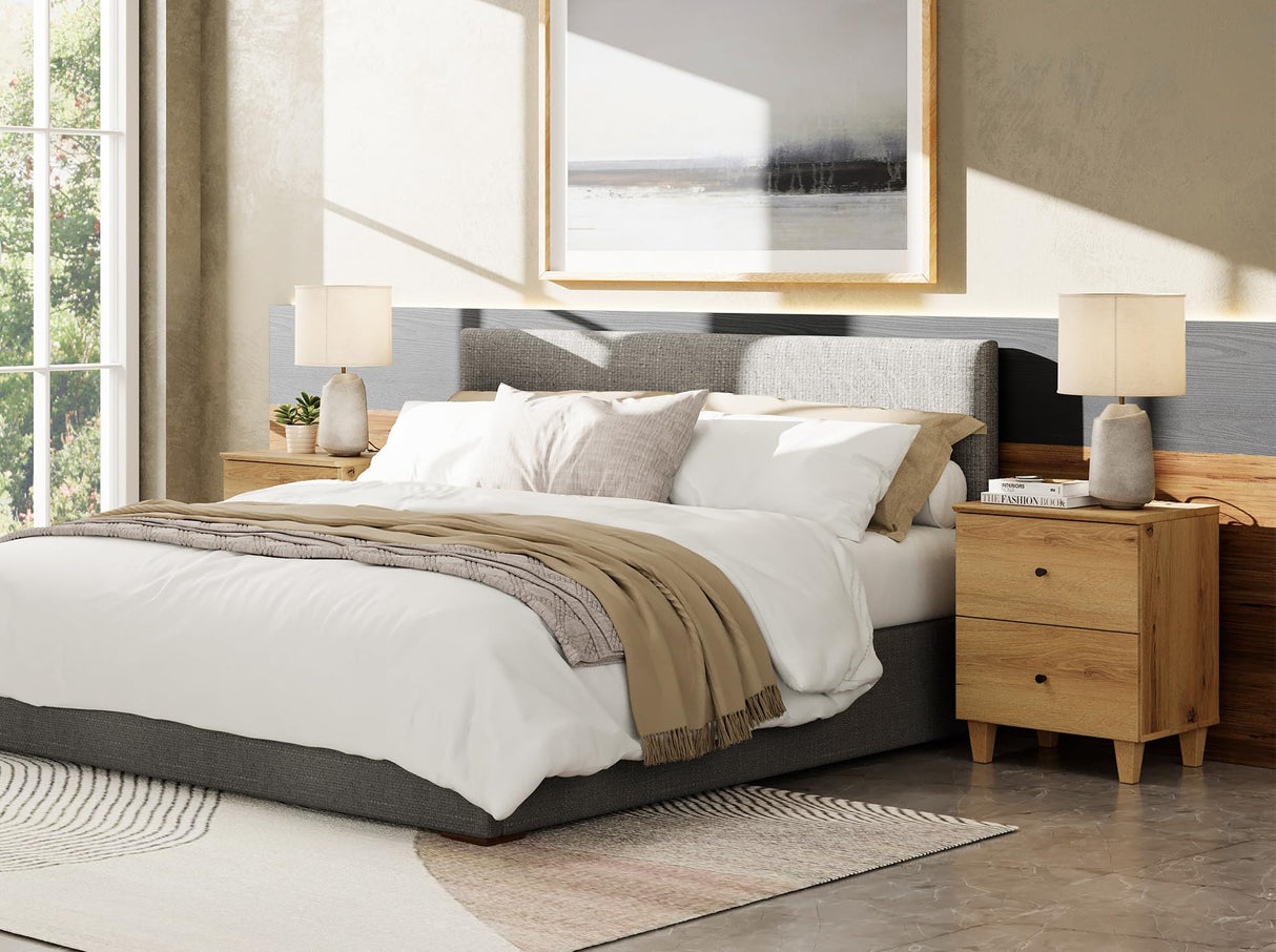 Set of 2 Nightstands with Charging Station &2 Drawers Storage Shelf, Modern End Tables Farmhouse Wood Bedside Table for Living Room and Bedroom,Oak Brown WAMPAT