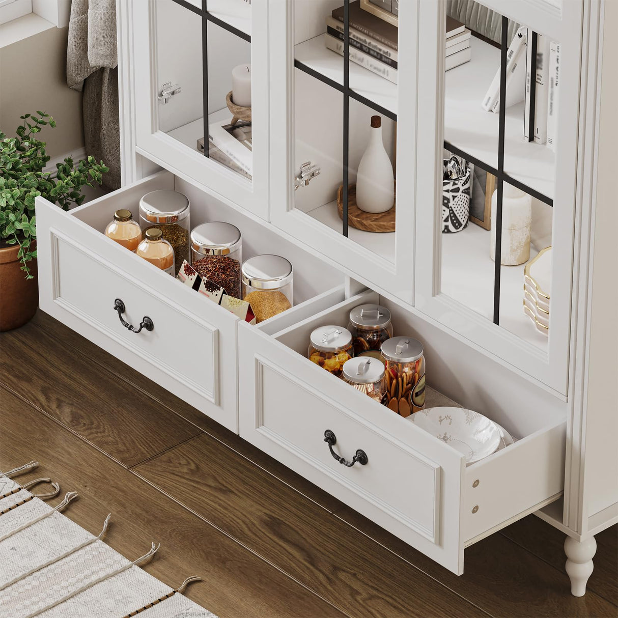 70.8'' Tall Arched Kitchen Pantry Cabinet, Large Farmhouse Storage Cabinet with Glass Doors, Display Case, Wood Bookshelf with 2 Drawers & Adjustable Shelves, Kitchen Pantry for Living Room, White LIVAUVEAD