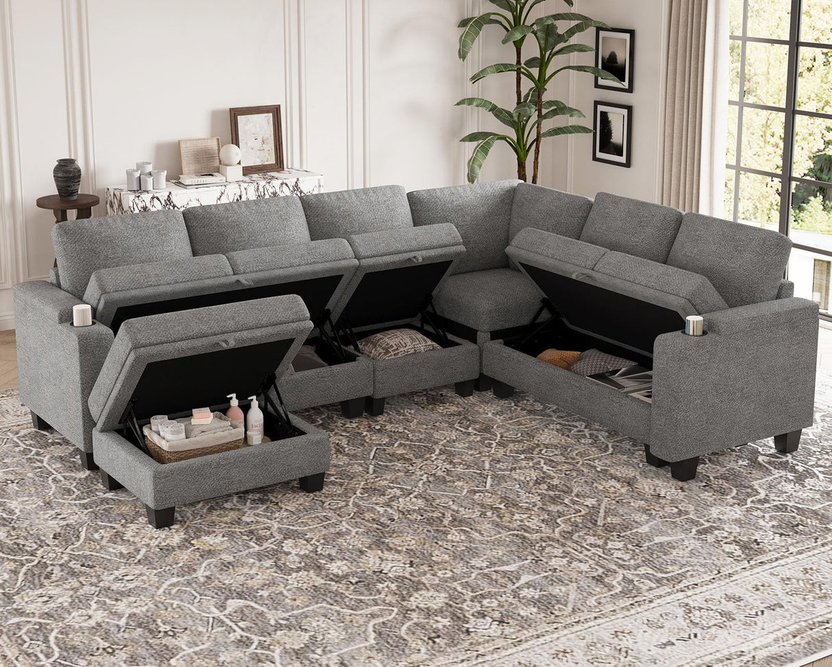 Belffin Chenille Modular Sectional Sofa Convertible L Shaped Corner Couches for Living Room with Storage Armrest with Cup Holder Light Grey Couch Belffin