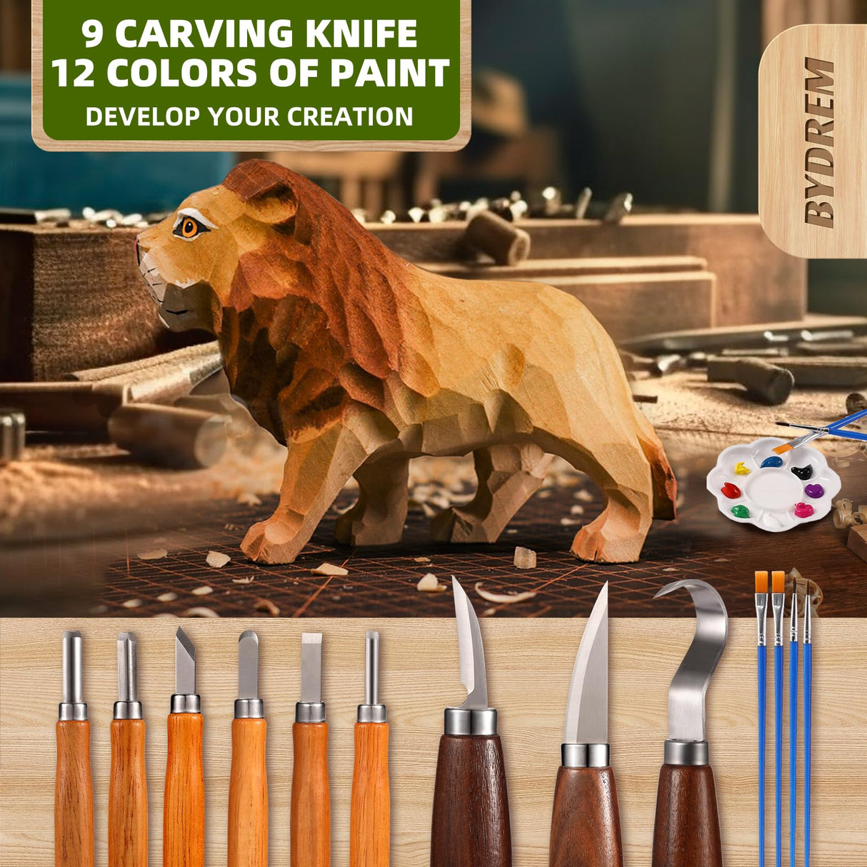 BYDREM Wood Carving Kit, Wood Whittling Kit, Carving Knife Kit, 9 PCS Wood Carving Knifves, 7 PCS Wood Carving Blocks, 12 Colors of Paint, Wood Carving Tools, Complete Wood Whittling Kit for Beginners BYDREM