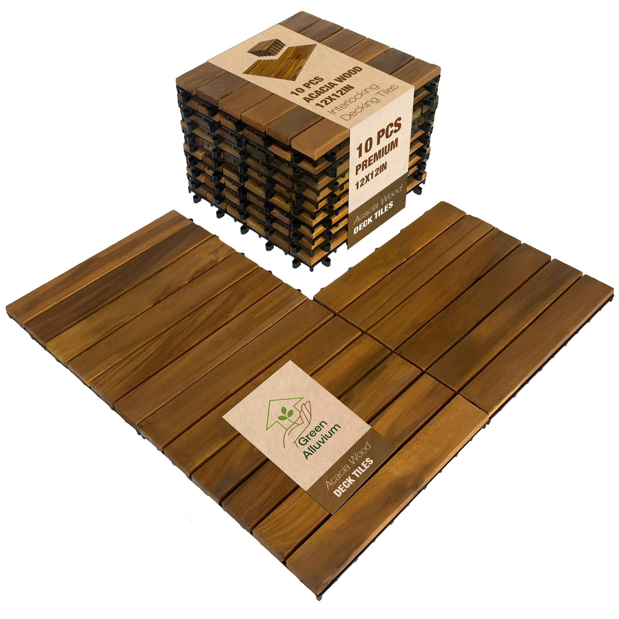 10 pcs Premium Acacia Wood Interlocking Decking Tiles – 12x12x0.9in Weatherproof Patio Flooring Outdoor – Interlocking Deck Tiles for Balcony, Backyar & Poolside, All-Weather Use (Golden Teak Finish) GREEN ALLUVIUM