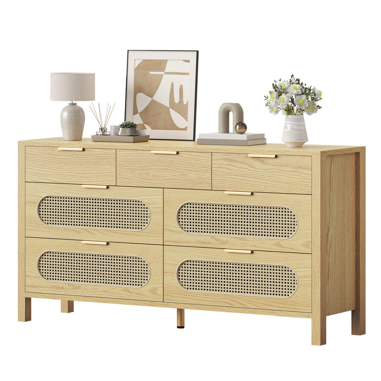DWVO Natural Rattan 7 Drawer Dressers - Oak Wooden Dresser Chest of Drawers with Golden Handles - Modern Large Closet Boho Dressers Storage Cabinet for Living Room/Hallway/Entryway DWVO