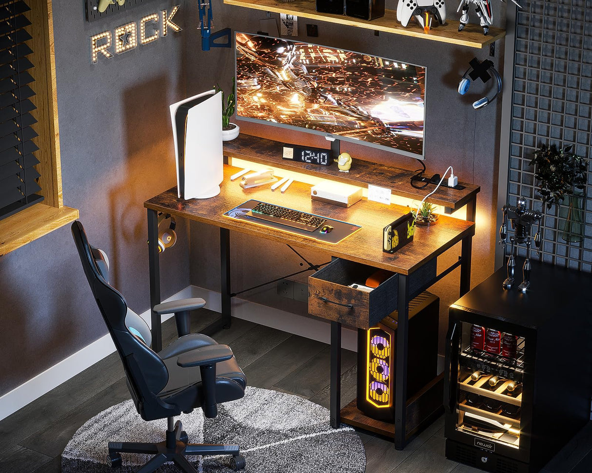 AODK Gaming Desk with LED Lights & Power Outlet, 40 Inch Small Computer Desk with Drawer, Reversible Desk with Adjustable Monitor Shelf & Headphone Hook for Home Office, Rustic Brown AODK