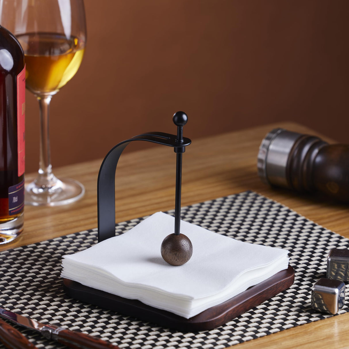 Walnut Napkin Holder for Table Wood Square Napkin Dispenser with Metal Cocktail Napkin Holder, Suitable for Kitchen, Restaurant, Bar, Office, Parties, Home Décor (South American black walnut Wood) celestree