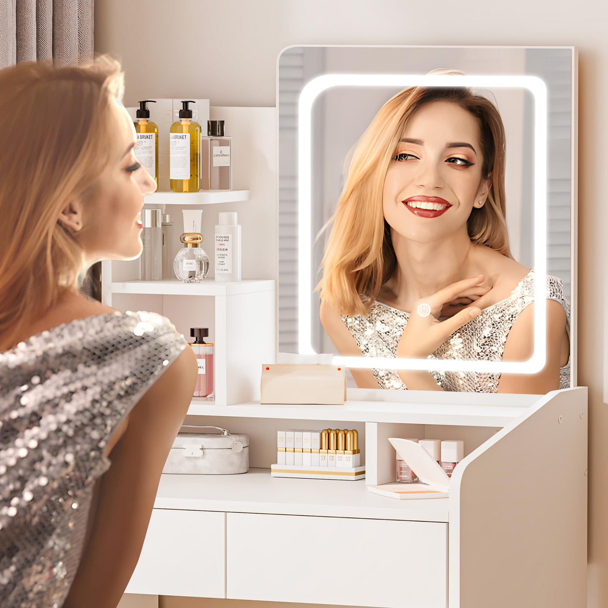 LIVELYGLOW Small Vanity Desk Set with Square Mirror and Light- Vanity Desk with Drawer- White LIVELYGLOW