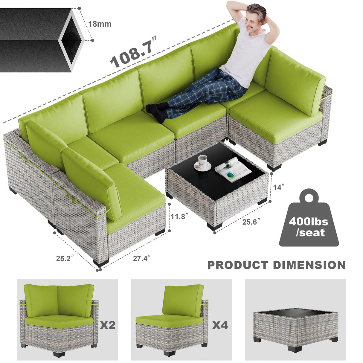 Sweecci 7-Piece Patio Furniture Set, Outdoor Sectional with Thick Cushions, Modular Patio Sofa, Dual-Strand Wicker Rattan, Rust-Resistant Frame, Backyard Furniture for Garden, Deck, Grass Green Sweecci