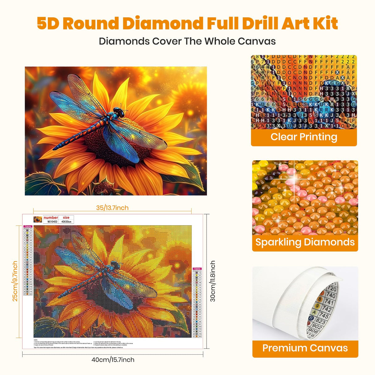 Sunflower Diamond Art Kits for Adults, 5D Dragonfly Diamond Painting Kits for Beginners DIY Full Drill Diamonds Painting Pictures, Diamond Gem Art Painting DIY Crafts Kit for Decor Gift 16x12inch Genius maker