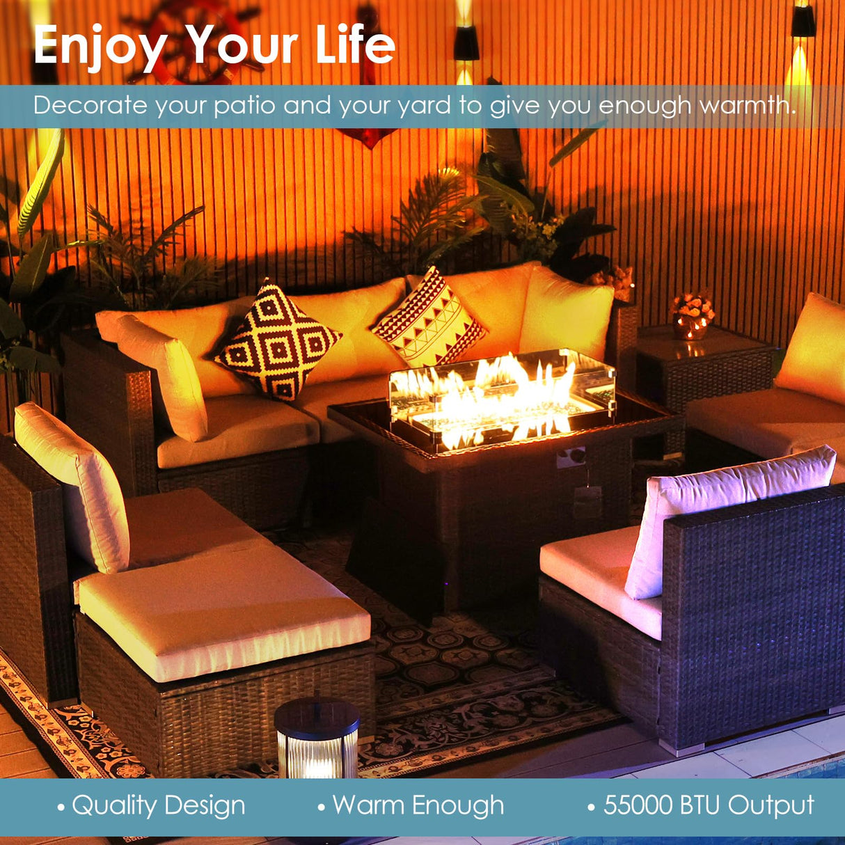 RADIATA PE Wicker Patio Furniture Set Sectional High Back Large Size Sofa Sets with Propane Fire Pit Table 55000 BTU Balcony Rattan Lounge Conversation Sets for Outdoor (15 Pieces,Light Gray) RADIATA