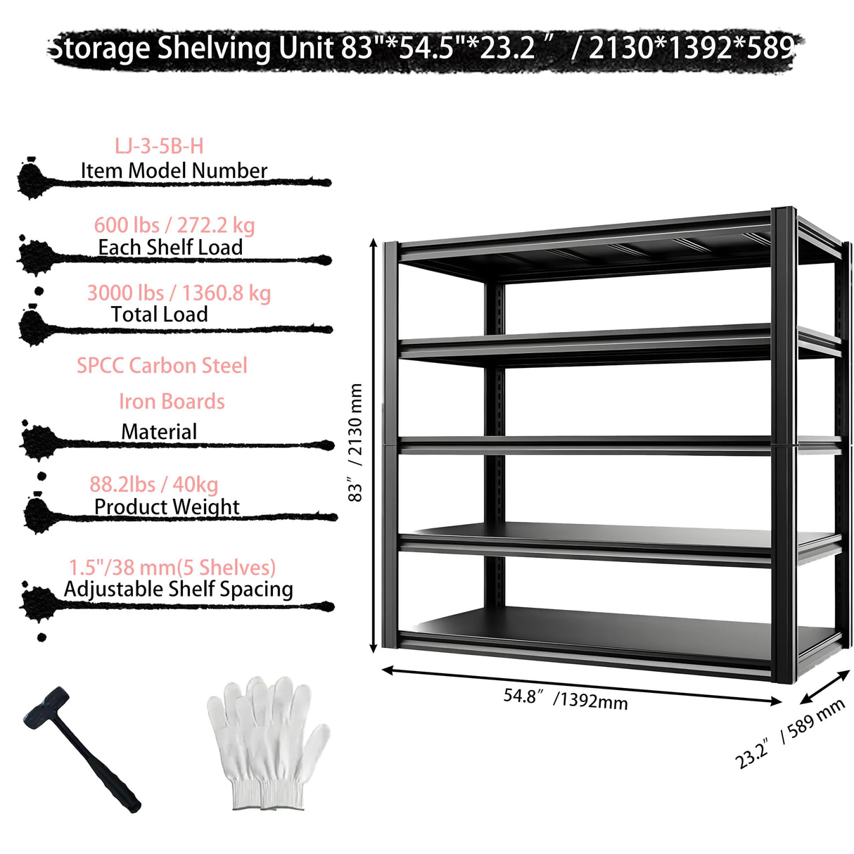 Darubtes Storage Shelving Unit Height Adjustable Heavy Duty Garage Shelves Metal Organizer Utility Rack 3200LBS for Kitchen,Plants,Books,Clothes Storage Black 83" H x 55" W x 23.2" D 5-Tier Darubtes
