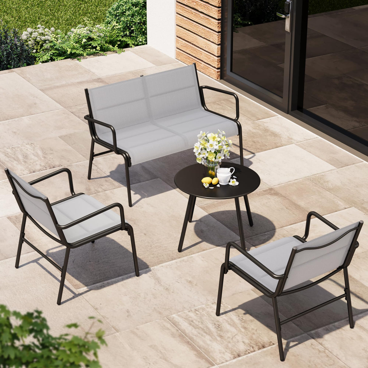 EAST OAK 4-Piece Patio Furniture Set, Waterproof Outdoor Furniture Set, Patio Sofa with Coffee Table for Balcony or Porch, 4 Seats Patio Conversation Sets for Backyard in Grey EAST OAK