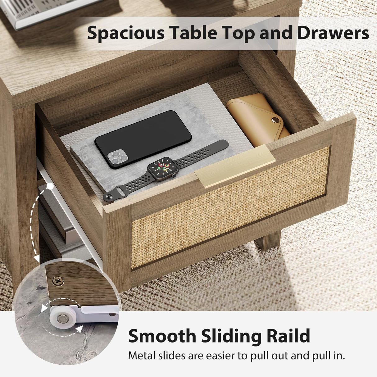 Eclatara Rattan Nightstand Set 2: Boho End Table with Drawer and Storage Shelf, Farmhouse Cane Accent Bedside Night Stands for Bedroom Small Space Sofa (2, Caramel Oak) Eclatara