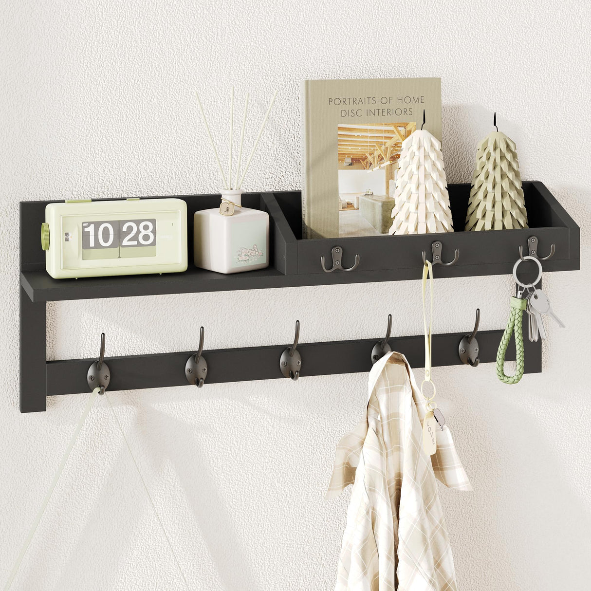 AMBIRD Wall Hooks with Shelf 26.57inch Entryway Wall Hanging Shelf Wood Coat Hooks for Wall Coat Rack Wall Mount Rack with 5 Dual Hooks 3 Key Hooks Mail Organizer and Key Rack Key Holder (Black) AMBIRD