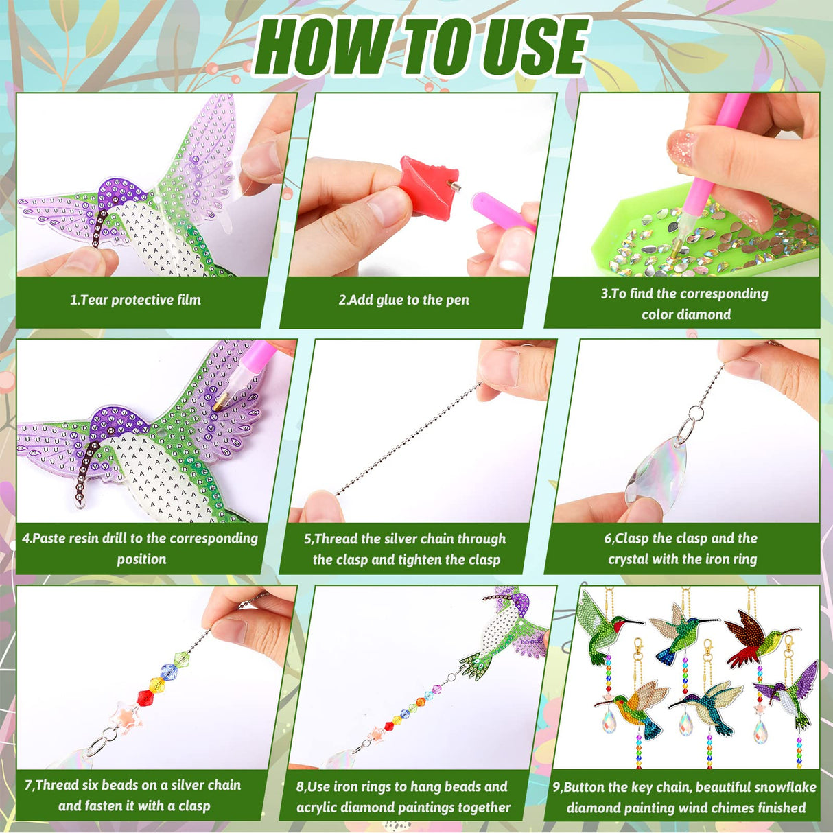 Tradder 6 Pcs Diamond Art Painting Rhinestone Hummingbird Wind Chimes Birds Art Kits for Adults Diamond Summer Decor Suncatchers Double Sided 5d DIY with Crystal Pendant for Home Window Decor Garden Tradder