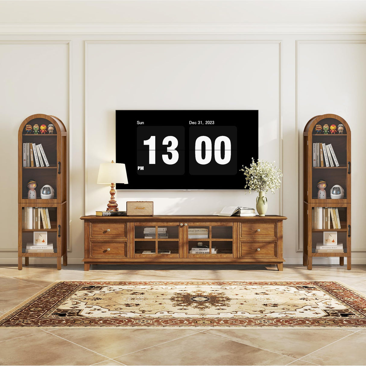 Lxsxlome Narrow Arched Bookcase, 64.17'' Tall Arch Bookshelf with Acrylic Glass Doors, 5 Shelf Bookcase, Freestanding Storage Organizer Display Cabinet for Living Room (Walnut, 64.17''H) Lxsxlome