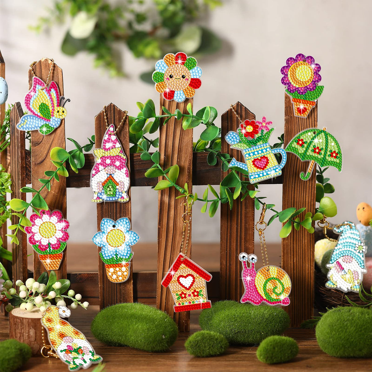 12 Pieces Spring Diamond Painting Keychain 5D DIY Diamond Painting Kit Spring Hanging Diamond Art Kits Flower Gnome Butterfly Spring Ornaments for Kids Crafts Family Decor Ferraycle