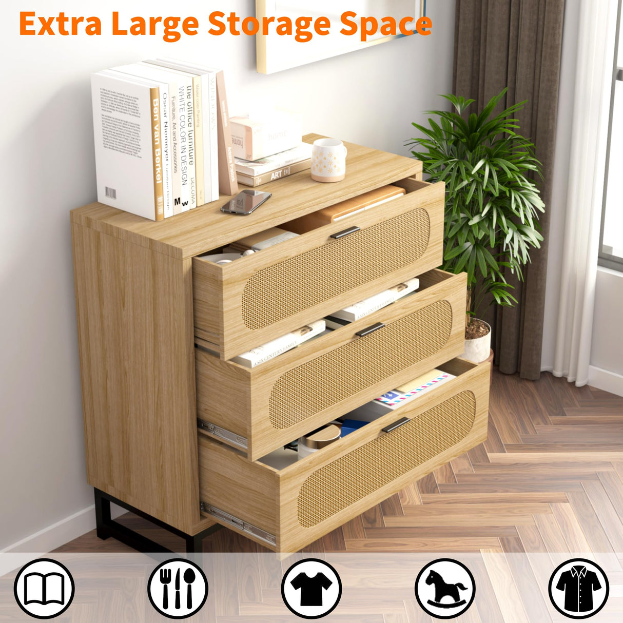 LSKTGA 3 Drawer Dresser for Bedroom, Rattan Dresser Modern Closet Dressers Chest of Drawers, Farmhouse Wood Storage Chest of Drawers for Closet, Living Room and Hallway Closet,Nature LSKTGA