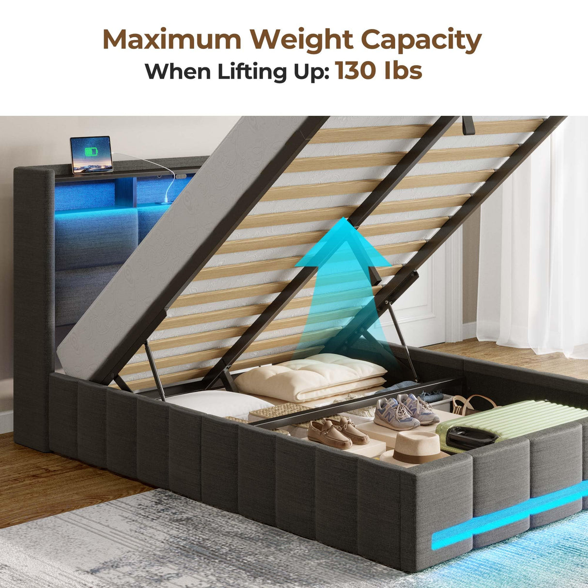 Rolanstar Bed Frame Twin Size with Lift Up Storage, Charging Station & LED Lights, Upholstered Storage Headboard, Heavy Duty Wooden Slats, No Box Spring Needed, Noise Free, Easy Assembly, Dark Grey Rolanstar