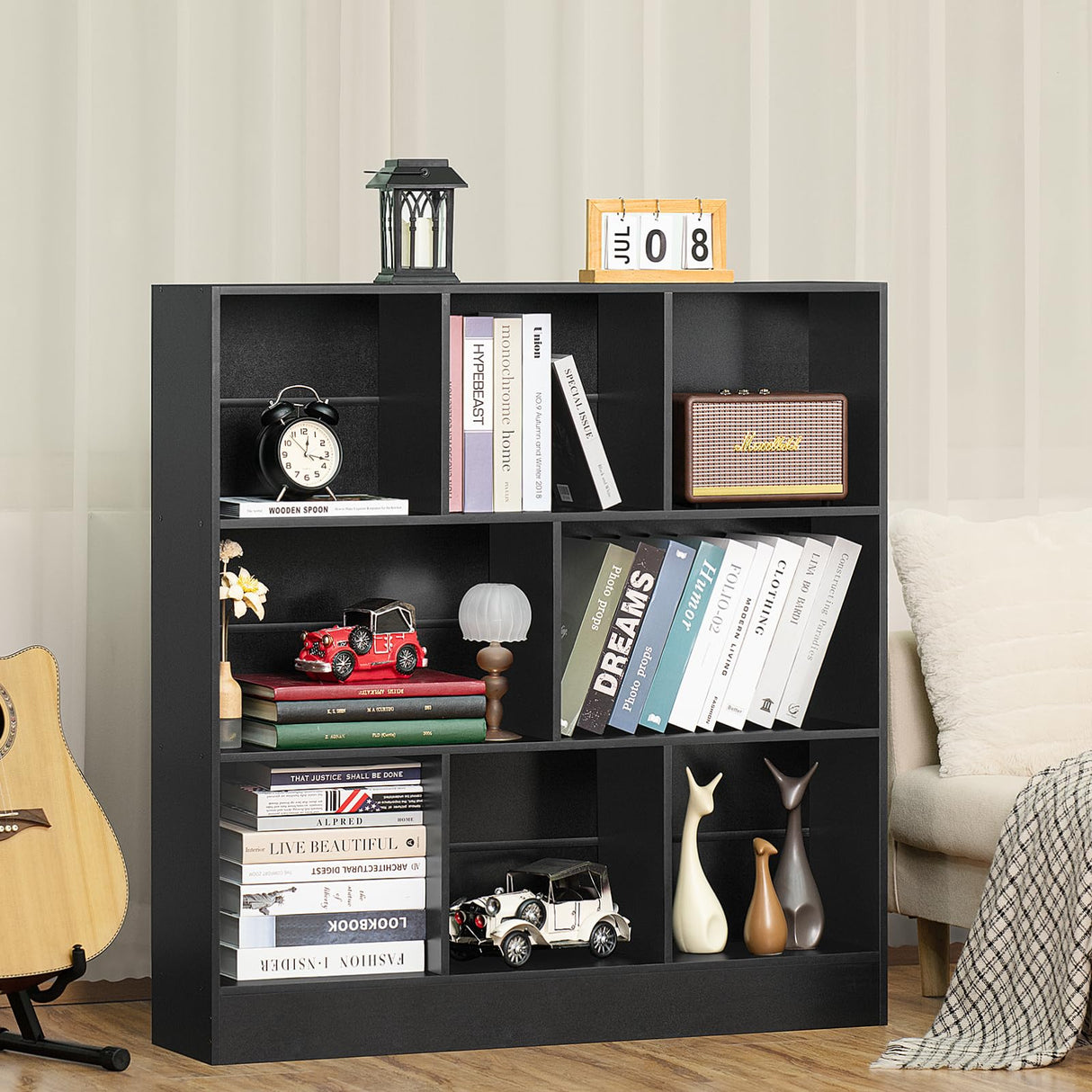 YAHARBO Modern Black 3-Tier Wide Bookshelf with 8 Cubes for Versatile Storage and Display YAHARBO