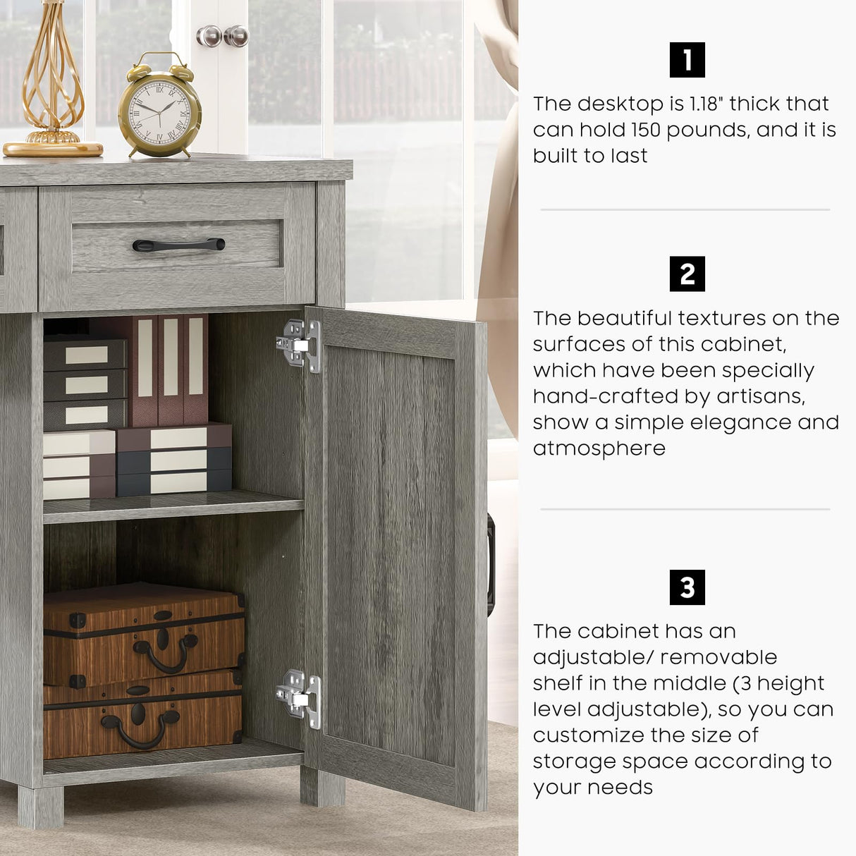 Farmhouse 61'' Executive Desk with 5 Drawers, Rustic Office Desk Computer Desk with Charging Station, File Drawers and Storage Cabinet, Wood Workstation for Home Office and Study, Gray Halitaa