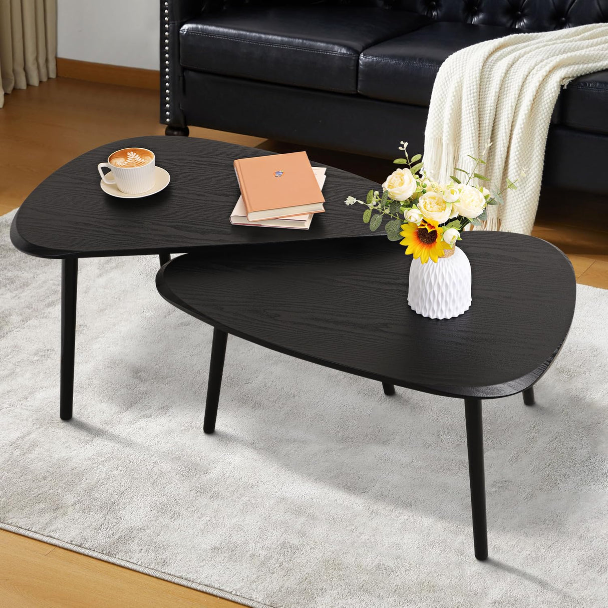 WDSHIYI Black Nesting Coffee Tables Set of 2 End Bamboo Table for Living Room Bedroom Apartment Modern Industrial Simple Nightstand 32" D x 20" W x 18.5" H WDSHIYI