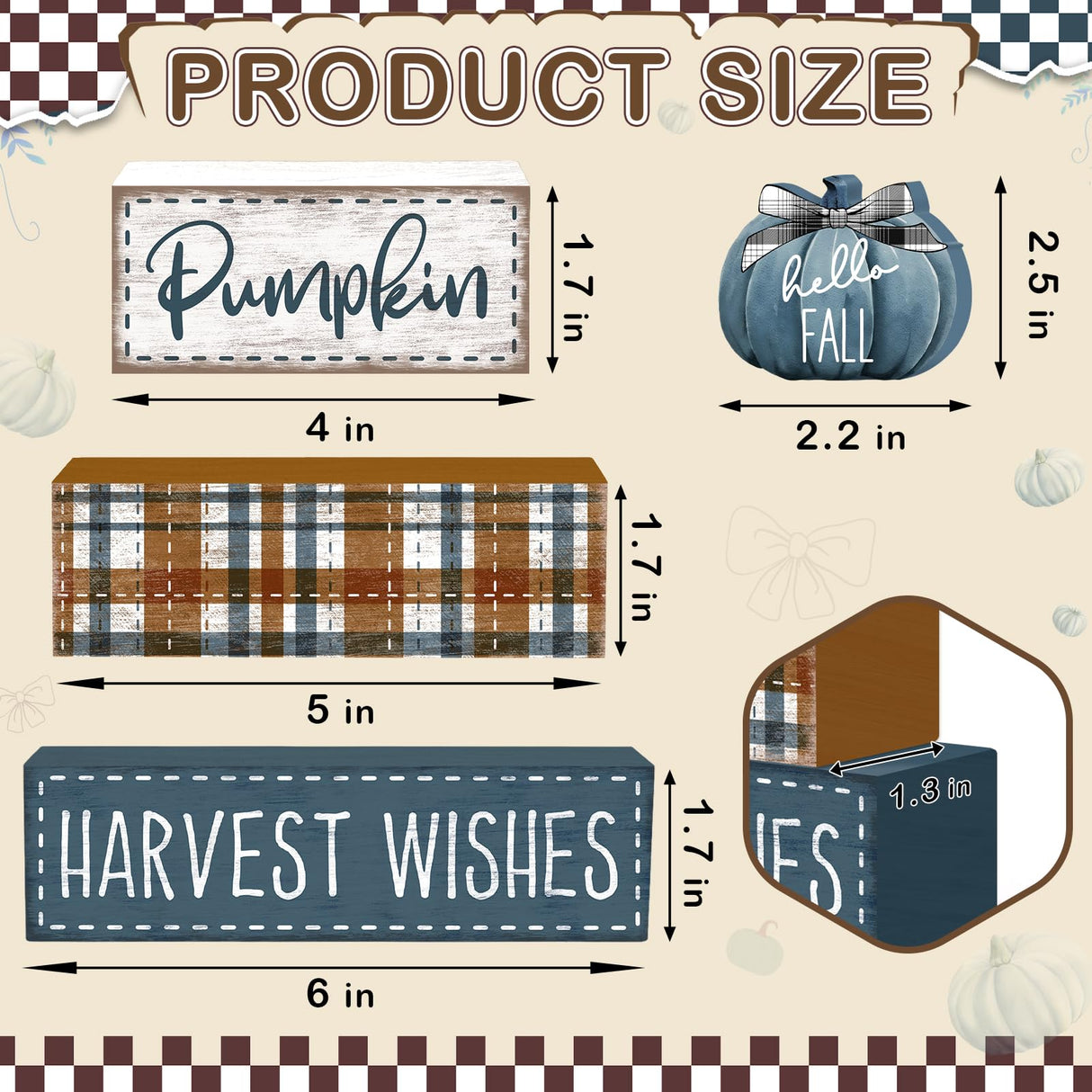 Britimes 4 Pcs Blue Pumpkins Fall Decor Wooden Tiered Tray Sign, Farmhouse Rustic Autumn Pumpkin Decorations Stack Block Set Harvest Wishes Table Centerpieces for Home Kitchen Shelf Britimes