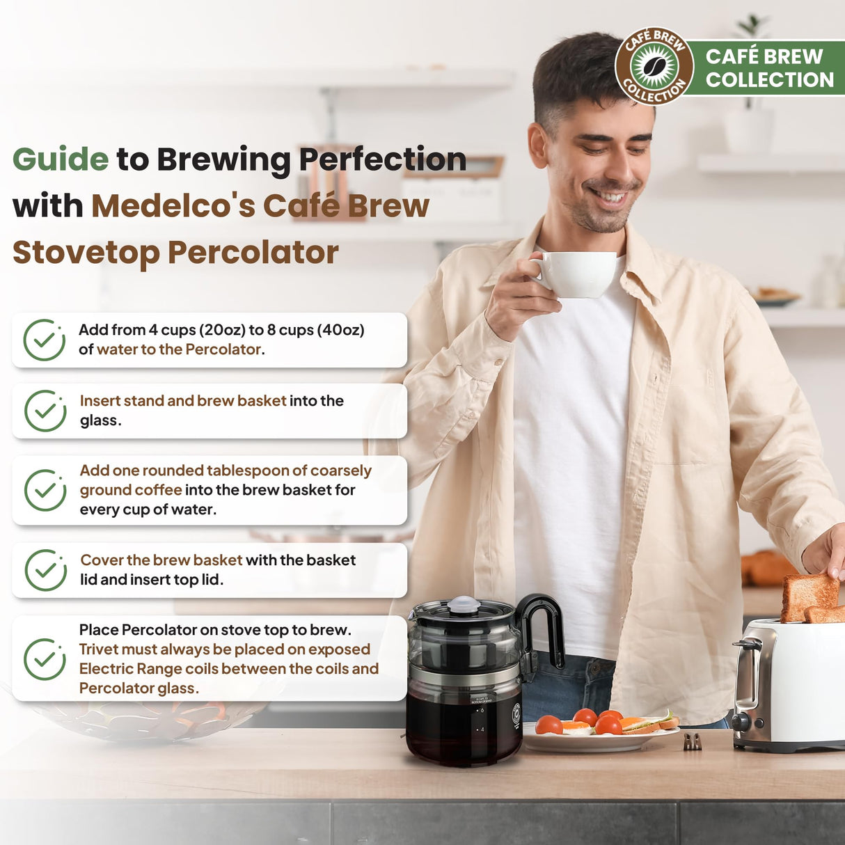 Café Brew Collection 8-Cup Glass Stovetop Percolator Coffee Pot - Borosilicate Glass Coffee Percolator - BPA Free - Dishwasher Safe - Brewing on Electric and Gas Ranges CAFÉ BREW COLLECTION