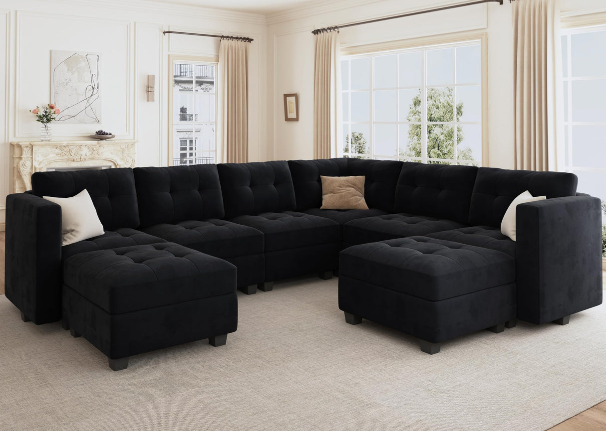 HONBAY Modular Sectional Sofa with Storage Ottomans Oversized U Shaped Couch with Chaises 8-Seater Sectional Sofa for Living Room, Black HONBAY