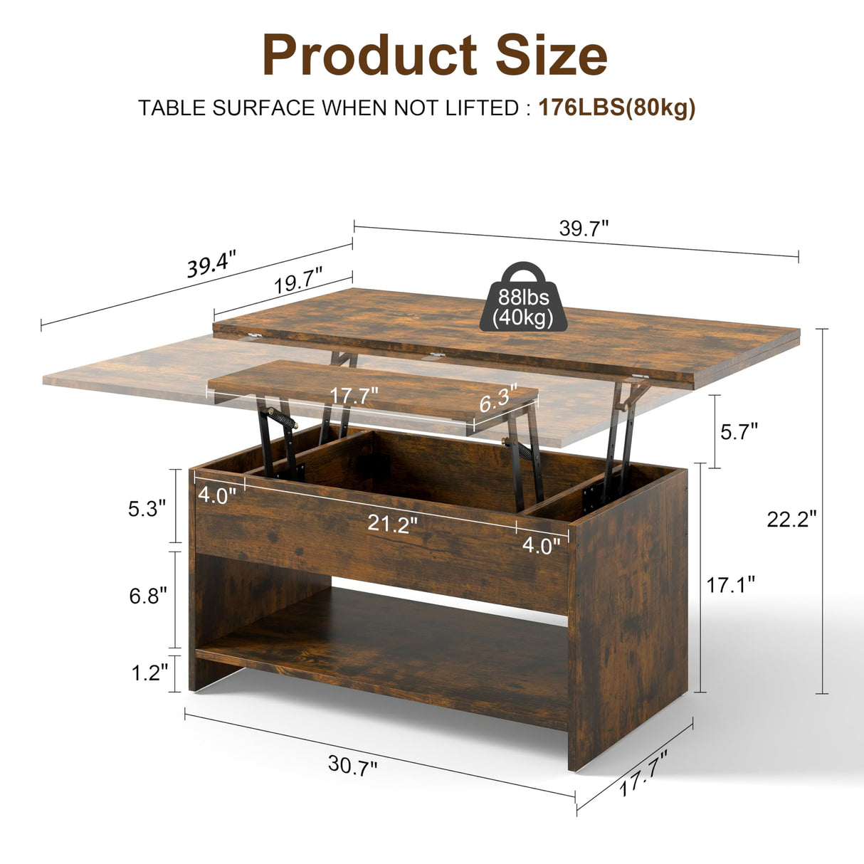 Manora 40'' Farmhouse Multi-Functional Lift-Top Coffee Table with Hidden Storage & Open Shelf, 4-in-1 Convertible Center Table for Living Room, Small Spaces, Dining or Home Office Workstation (Brown) Manora