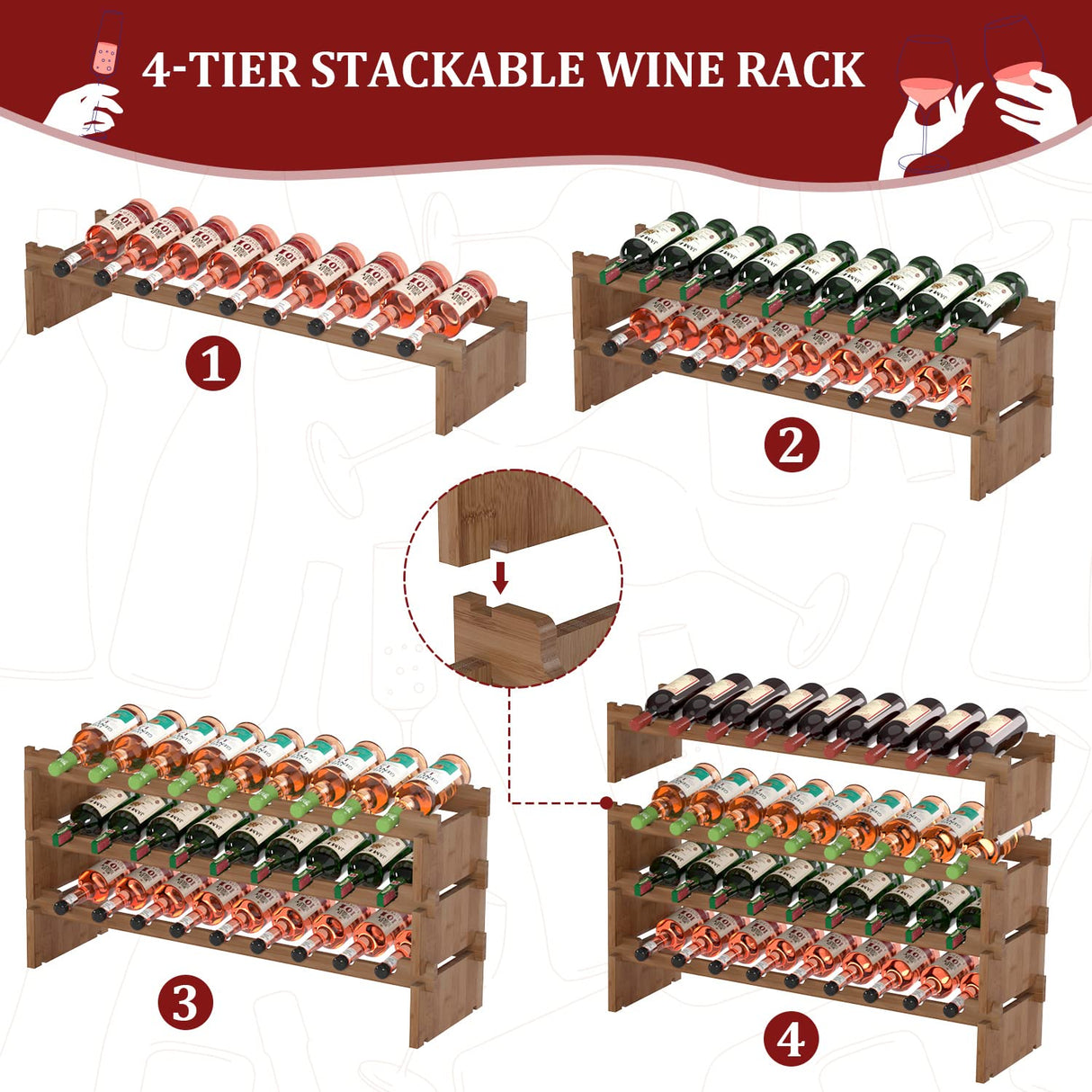 Domax Wine Rack Freestanding Floor - 4 Tiers Stackable Wine Rack 36 Bottle Wine Bottle Holder, Bamboo Wine Holder Wine Storage for Kitchen, Bar, Pantry, Wine Cellar and Countertop (Walnut) Domax