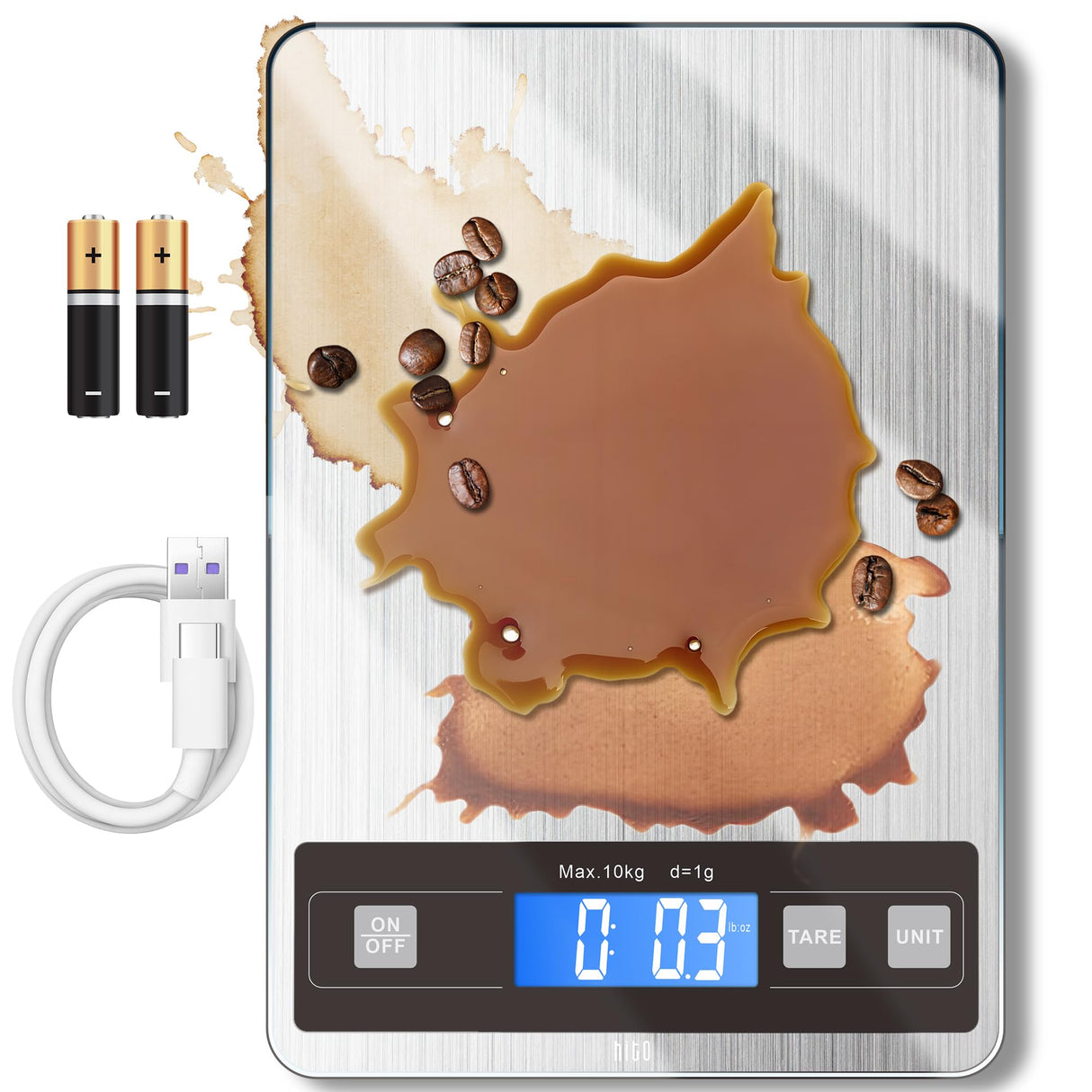 hito 22lb Food Scale, Digital Kitchen Scale with Type-C & Battery Dual Charging, 1g/0.1oz Precision, Waterproof LCD Display, Stainless Steel & Tempered Glass for Cooking, Baking (Ash Silver) HITO